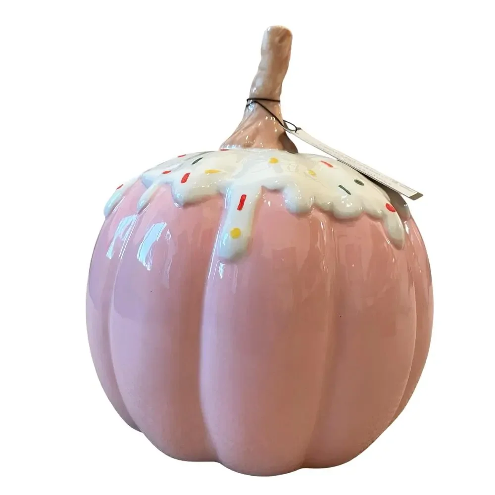 Frosted Sprinkle PINK Cupcake Ceramic Halloween Pumpkin 9.5